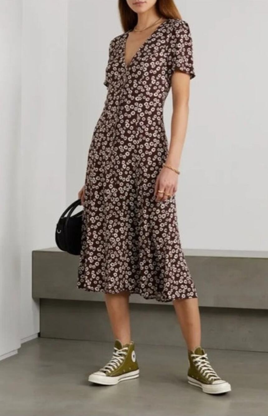 Reformation Locklin Floral Crepe Midi Dress Brown White Size 4 V Neck